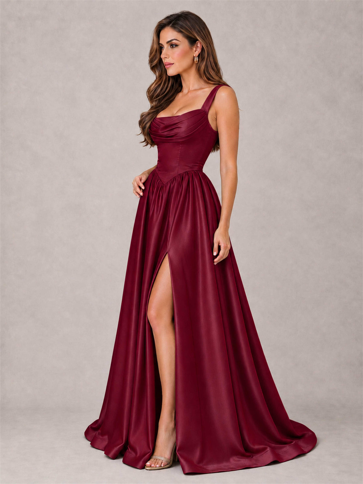 Cowl Neck Strap Satin Formal Dress High Slit A-Line Floor Length Evening Gown