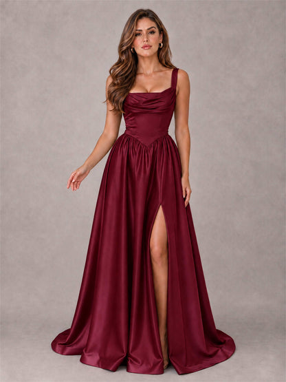 Cowl Neck Strap Satin Formal Dress High Slit A-Line Floor Length Evening Gown
