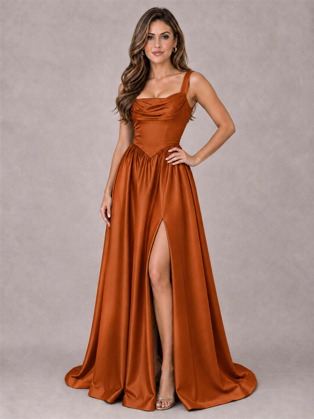 Cowl Neck Strap Satin Formal Dress High Slit A-Line Floor Length Evening Gown