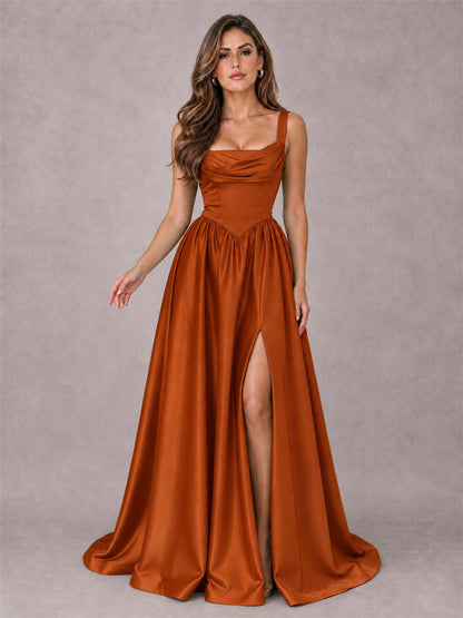 Cowl Neck Strap Satin Formal Dress High Slit A-Line Floor Length Evening Gown
