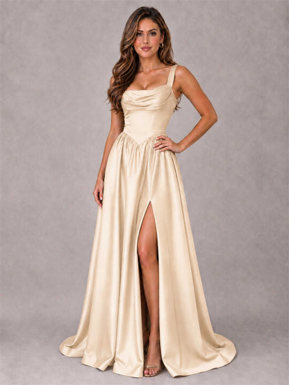 Cowl Neck Strap Satin Formal Dress High Slit A-Line Floor Length Evening Gown