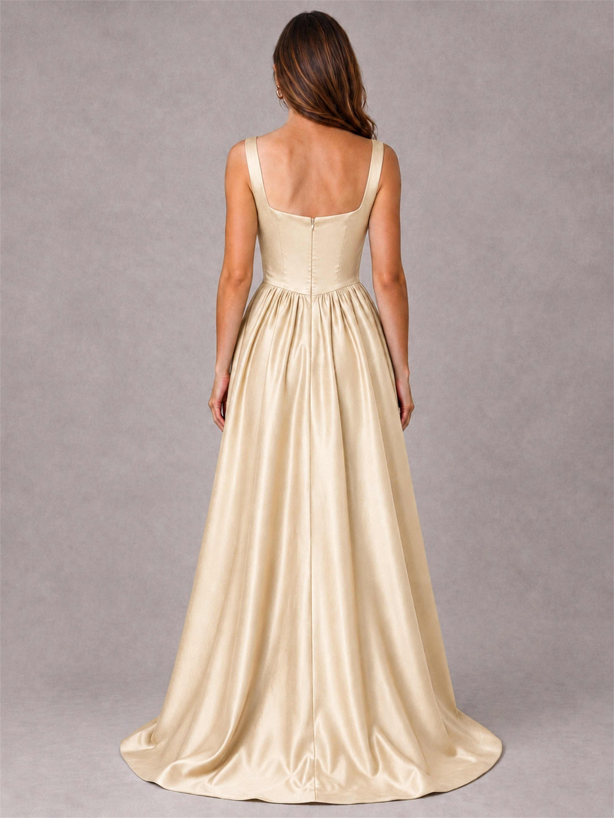 Cowl Neck Strap Satin Formal Dress High Slit A-Line Floor Length Evening Gown