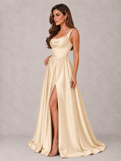 Cowl Neck Strap Satin Formal Dress High Slit A-Line Floor Length Evening Gown