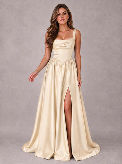 Cowl Neck Strap Satin Formal Dress High Slit A-Line Floor Length Evening Gown