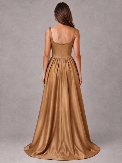 Cowl Neck Strap Satin Formal Dress High Slit A-Line Floor Length Evening Gown