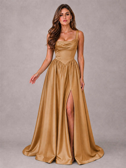 Cowl Neck Strap Satin Formal Dress High Slit A-Line Floor Length Evening Gown