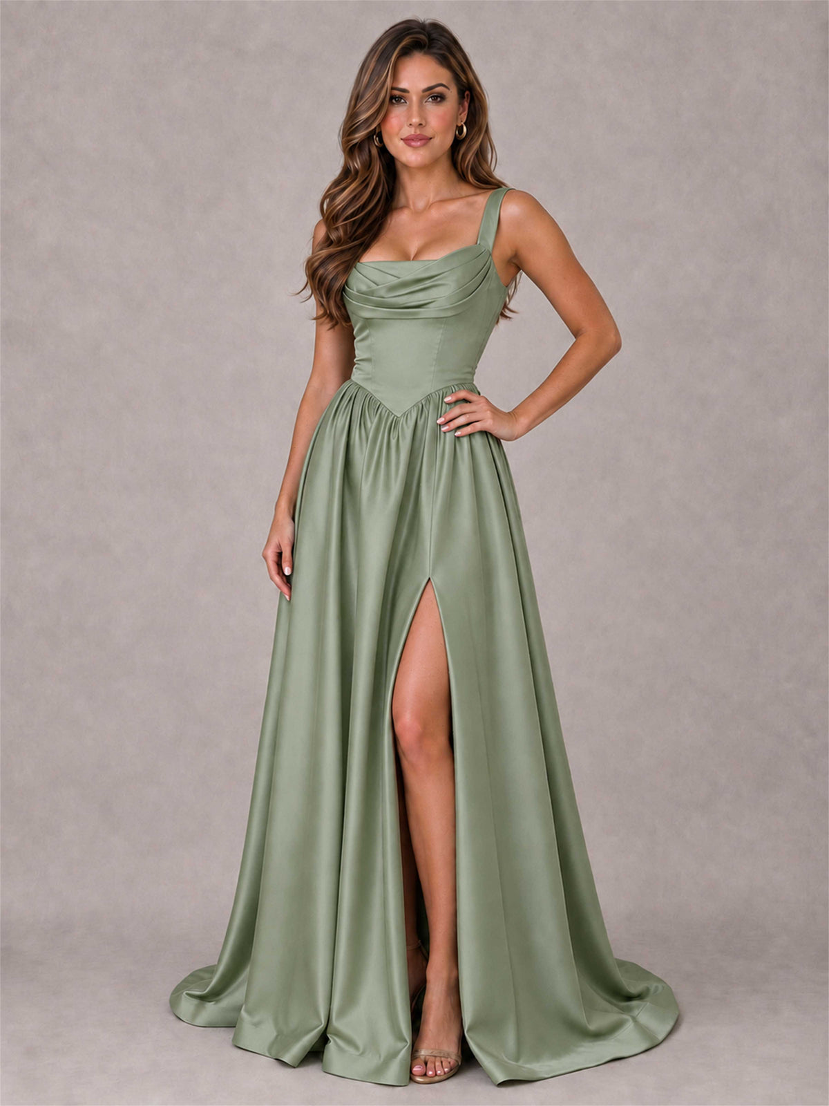 Cowl Neck Strap Satin Formal Dress High Slit A-Line Floor Length Evening Gown
