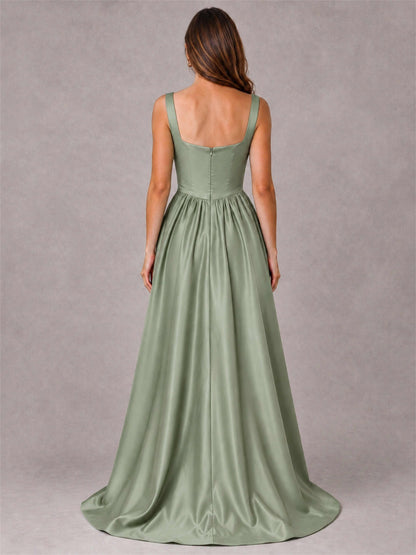 Cowl Neck Strap Satin Formal Dress High Slit A-Line Floor Length Evening Gown