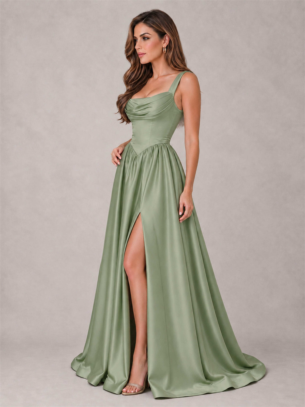 Cowl Neck Strap Satin Formal Dress High Slit A-Line Floor Length Evening Gown