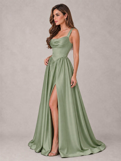 Cowl Neck Strap Satin Formal Dress High Slit A-Line Floor Length Evening Gown