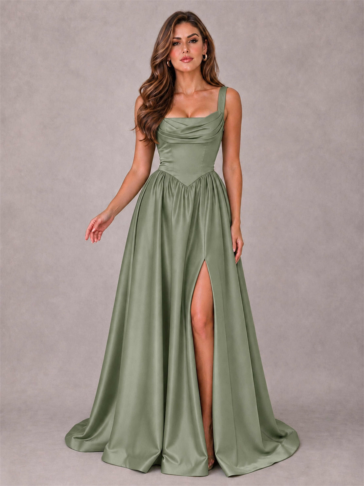 Cowl Neck Strap Satin Formal Dress High Slit A-Line Floor Length Evening Gown