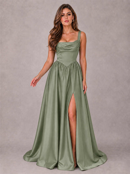 Cowl Neck Strap Satin Formal Dress High Slit A-Line Floor Length Evening Gown