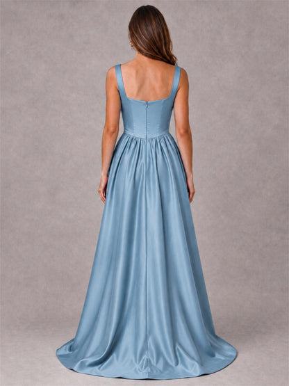Cowl Neck Strap Satin Formal Dress High Slit A-Line Floor Length Evening Gown
