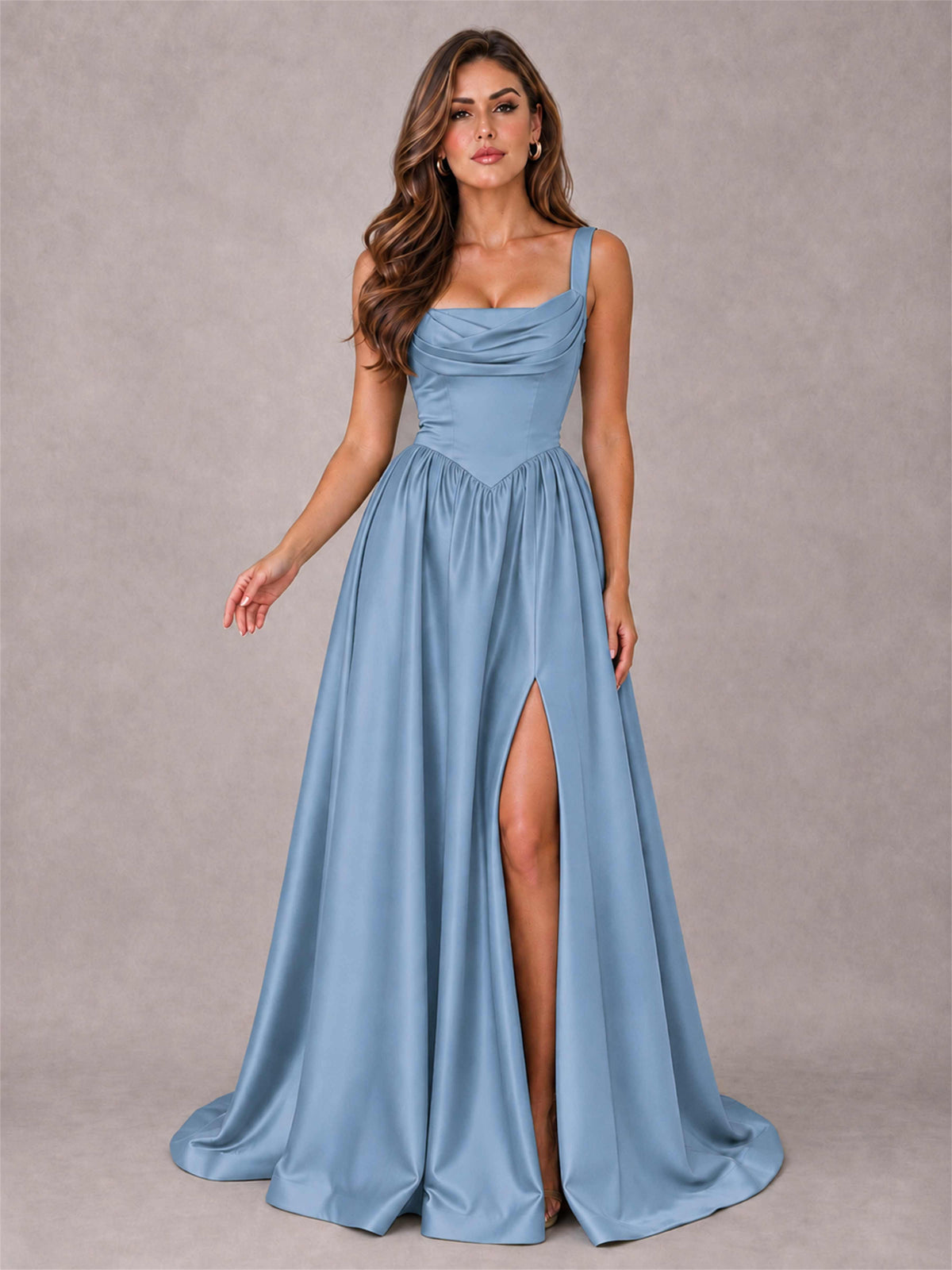 Cowl Neck Strap Satin Formal Dress High Slit A-Line Floor Length Evening Gown