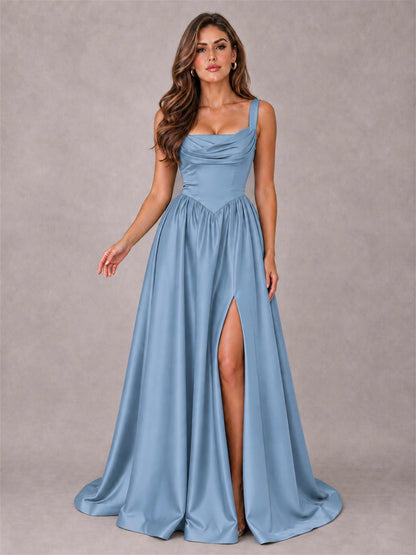 Cowl Neck Strap Satin Formal Dress High Slit A-Line Floor Length Evening Gown