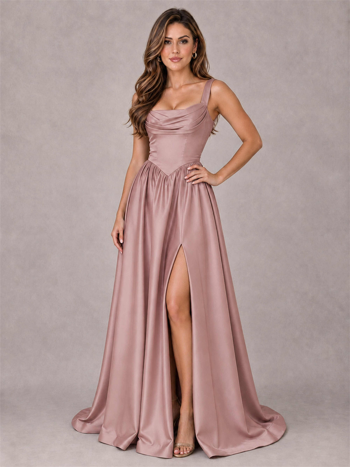 Cowl Neck Strap Satin Formal Dress High Slit A-Line Floor Length Evening Gown