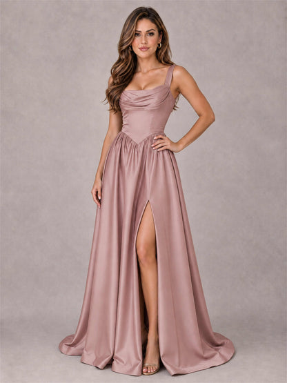 Cowl Neck Strap Satin Formal Dress High Slit A-Line Floor Length Evening Gown
