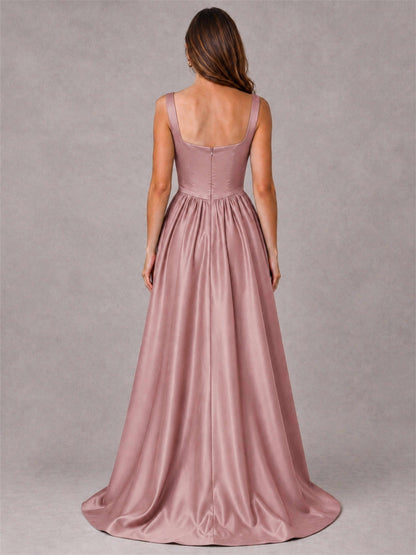 Cowl Neck Strap Satin Formal Dress High Slit A-Line Floor Length Evening Gown
