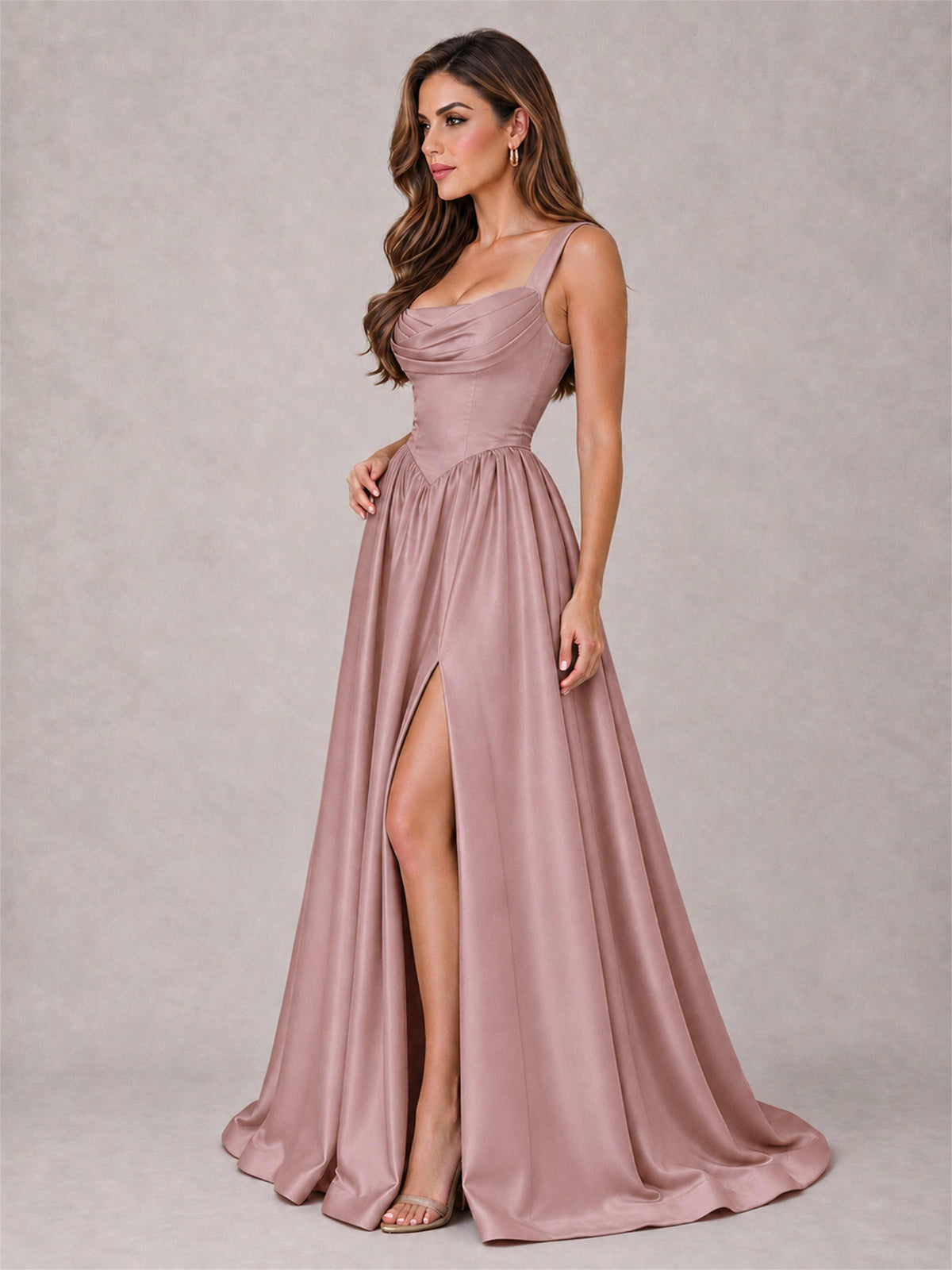 Cowl Neck Strap Satin Formal Dress High Slit A-Line Floor Length Evening Gown