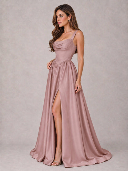 Cowl Neck Strap Satin Formal Dress High Slit A-Line Floor Length Evening Gown