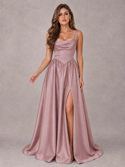 Cowl Neck Strap Satin Formal Dress High Slit A-Line Floor Length Evening Gown