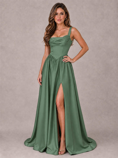 Cowl Neck Strap Satin Formal Dress High Slit A-Line Floor Length Evening Gown