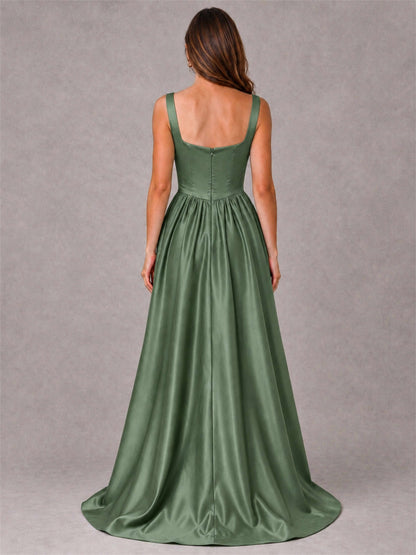 Cowl Neck Strap Satin Formal Dress High Slit A-Line Floor Length Evening Gown