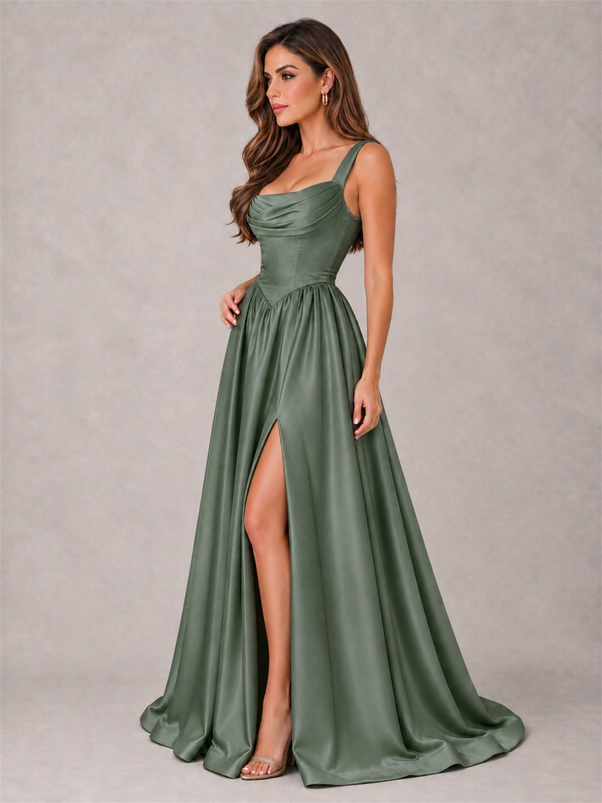 Cowl Neck Strap Satin Formal Dress High Slit A-Line Floor Length Evening Gown
