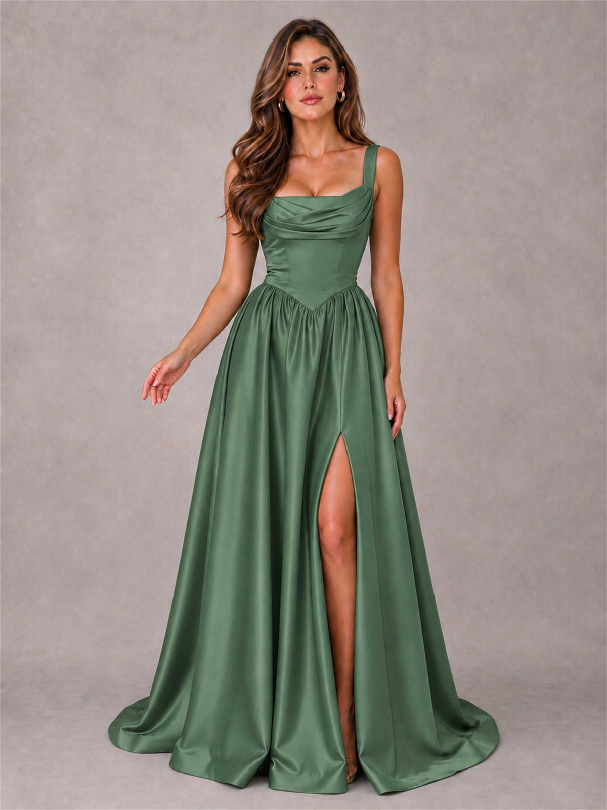 Cowl Neck Strap Satin Formal Dress High Slit A-Line Floor Length Evening Gown