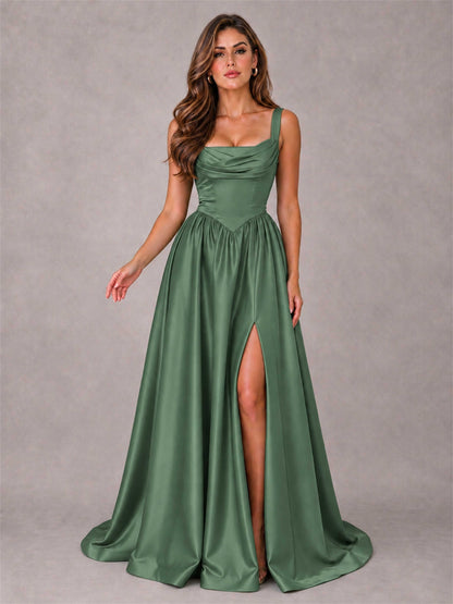 Cowl Neck Strap Satin Formal Dress High Slit A-Line Floor Length Evening Gown