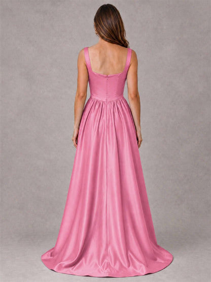 Cowl Neck Strap Satin Formal Dress High Slit A-Line Floor Length Evening Gown