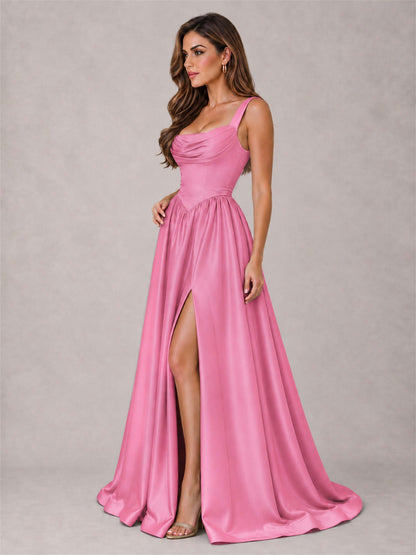 Cowl Neck Strap Satin Formal Dress High Slit A-Line Floor Length Evening Gown