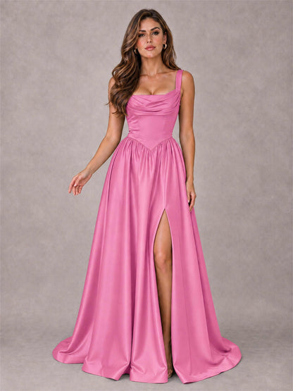 Cowl Neck Strap Satin Formal Dress High Slit A-Line Floor Length Evening Gown