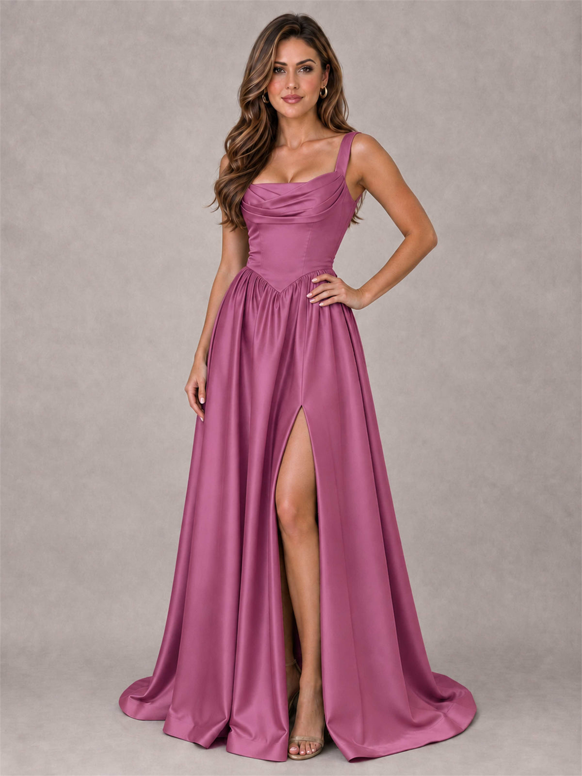 Cowl Neck Strap Satin Formal Dress High Slit A-Line Floor Length Evening Gown