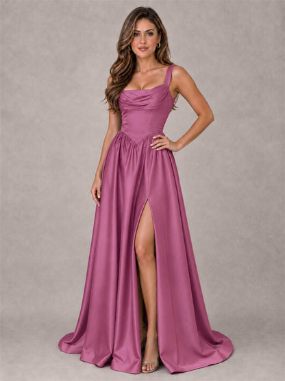 Cowl Neck Strap Satin Formal Dress High Slit A-Line Floor Length Evening Gown