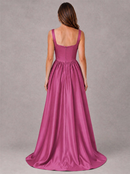 Cowl Neck Strap Satin Formal Dress High Slit A-Line Floor Length Evening Gown