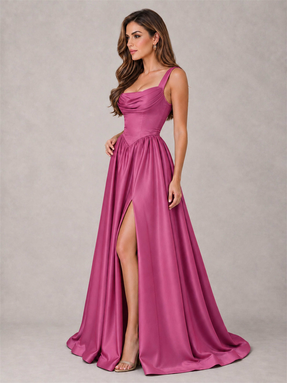 Cowl Neck Strap Satin Formal Dress High Slit A-Line Floor Length Evening Gown
