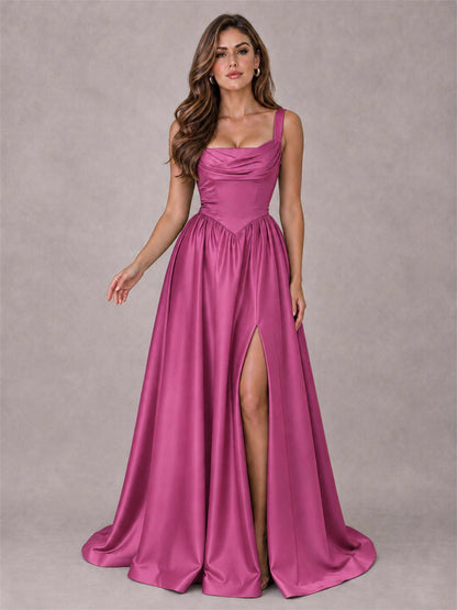 Cowl Neck Strap Satin Formal Dress High Slit A-Line Floor Length Evening Gown