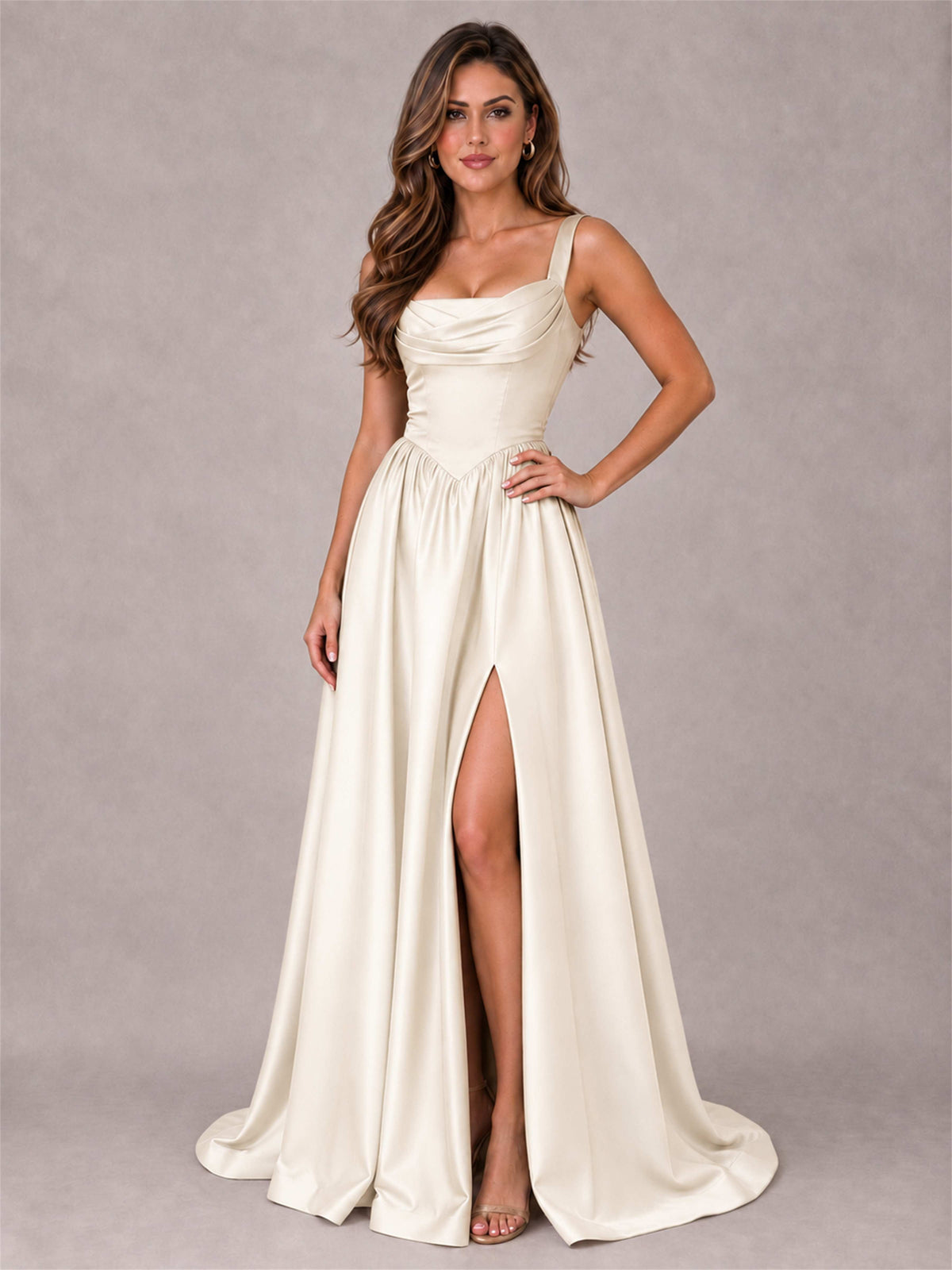Cowl Neck Strap Satin Formal Dress High Slit A-Line Floor Length Evening Gown