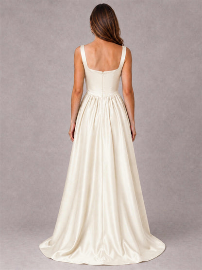 Cowl Neck Strap Satin Formal Dress High Slit A-Line Floor Length Evening Gown