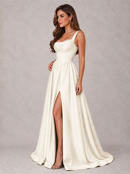 Cowl Neck Strap Satin Formal Dress High Slit A-Line Floor Length Evening Gown