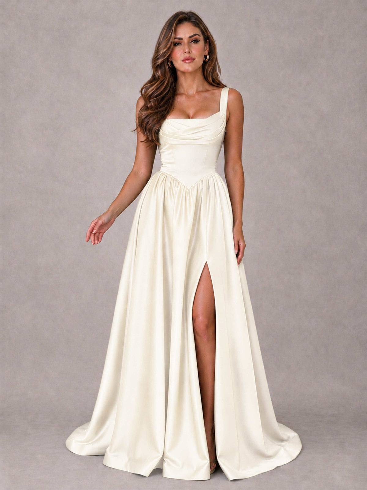 Cowl Neck Strap Satin Formal Dress High Slit A-Line Floor Length Evening Gown