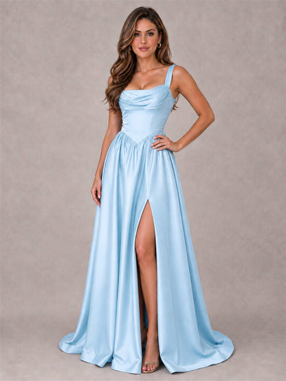Cowl Neck Strap Satin Formal Dress High Slit A-Line Floor Length Evening Gown