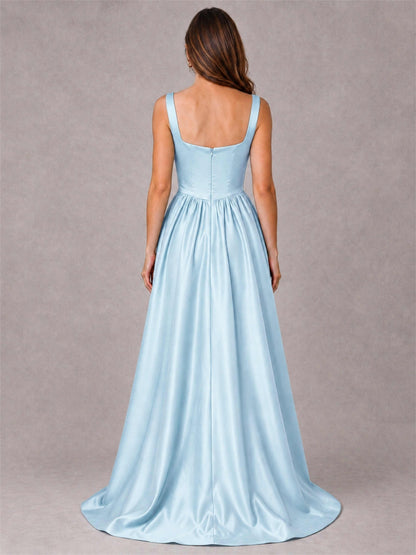Cowl Neck Strap Satin Formal Dress High Slit A-Line Floor Length Evening Gown