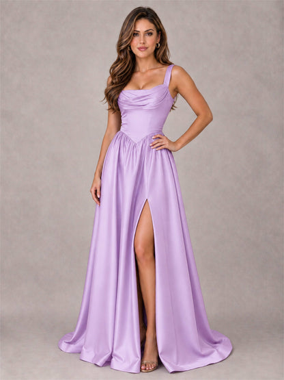 Cowl Neck Strap Satin Formal Dress High Slit A-Line Floor Length Evening Gown