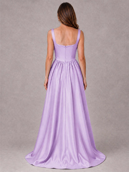 Cowl Neck Strap Satin Formal Dress High Slit A-Line Floor Length Evening Gown