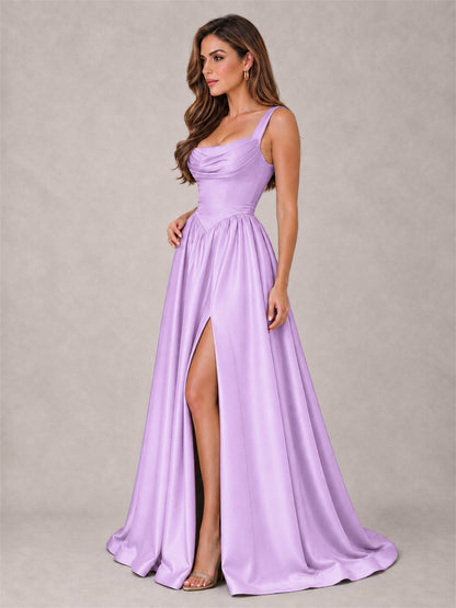 Cowl Neck Strap Satin Formal Dress High Slit A-Line Floor Length Evening Gown