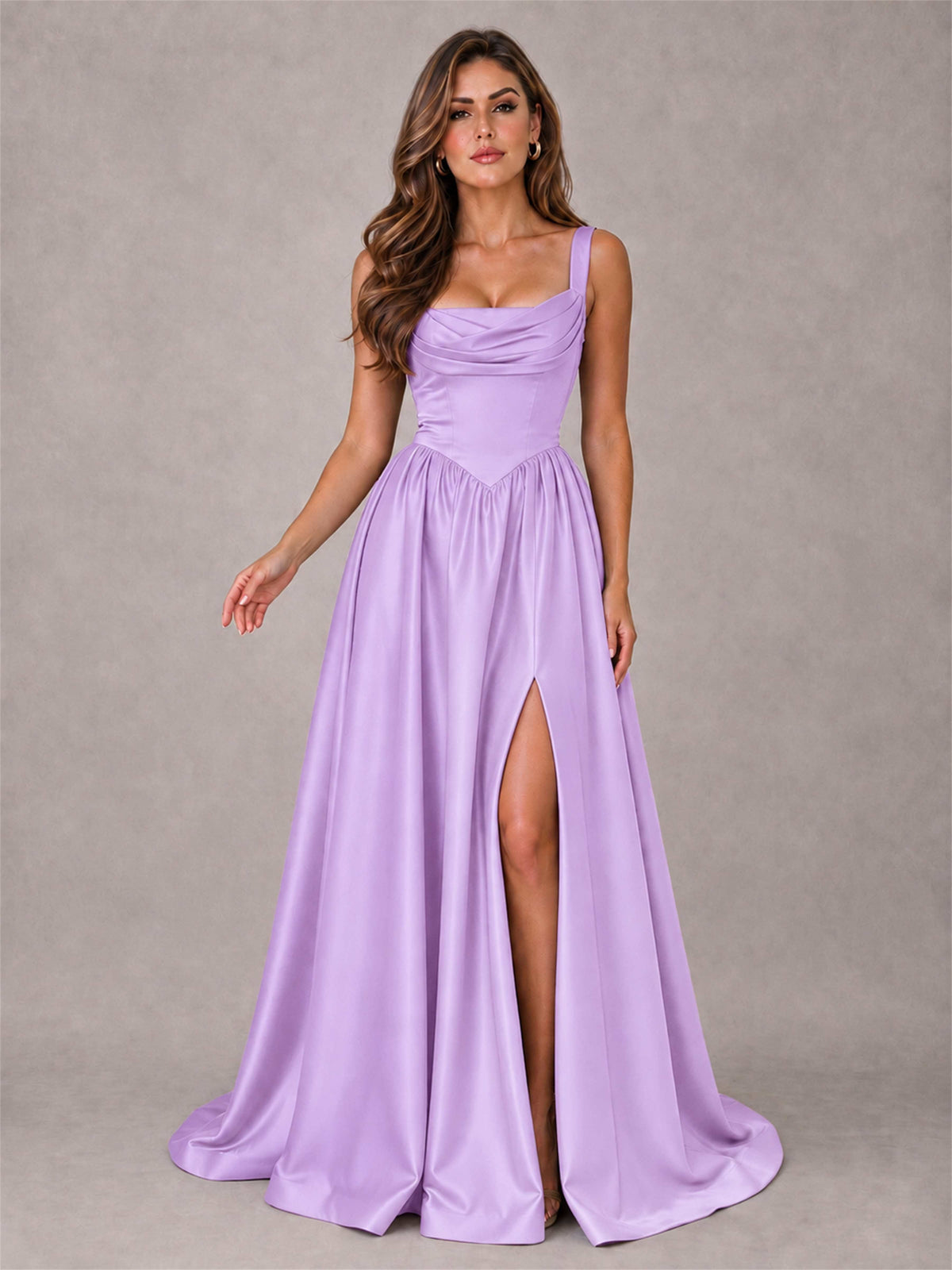 Cowl Neck Strap Satin Formal Dress High Slit A-Line Floor Length Evening Gown