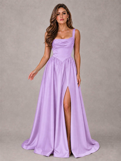 Cowl Neck Strap Satin Formal Dress High Slit A-Line Floor Length Evening Gown