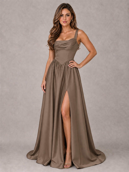 Cowl Neck Strap Satin Formal Dress High Slit A-Line Floor Length Evening Gown